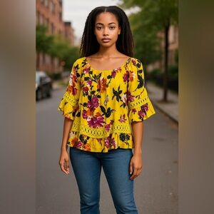 UNIQUE SPECTRUM womens blouse top XL yellow floral stretch neckline flouncy fun